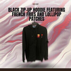 Black Zip-Up Hoodie W/ French Fries & Lollipop Patches Medium Size